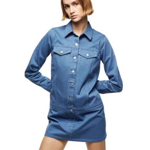 Zara blue utility dress medium Silver Buttons mini long sleeve - Picture 1 of 6